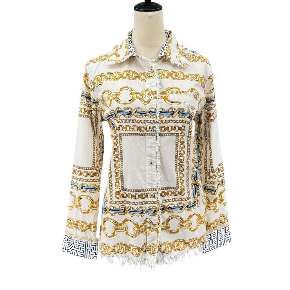 Tizzie Chain Printed Cotton Long Sleeve Collared Button Down Shirt